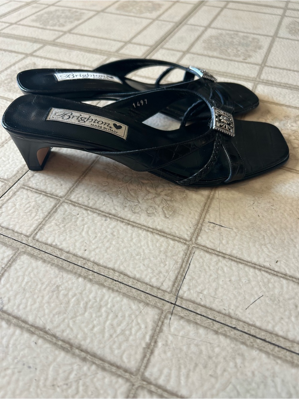 Brighton Black Croc-Embossed Slide Heels with Decorative Silver Buckle